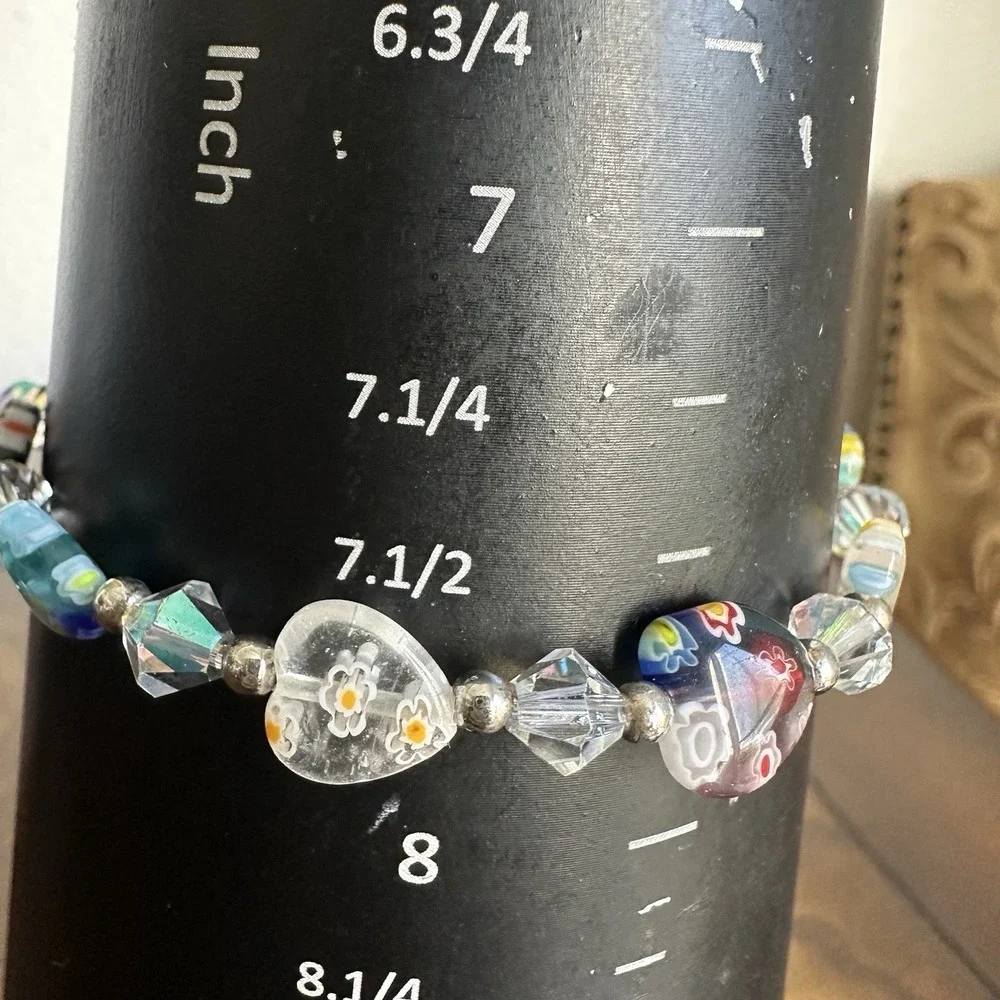 Vintage Heart Bead Bracelet 7.75 Inch Murano Millefiori Glass Crystals Toggle‎